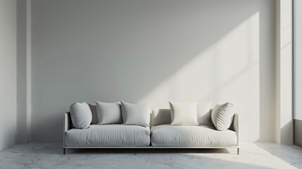 Sticker - Modern minimalist living room featuring a comfortable sofa bathed in natural sunlight casting elegant shadows