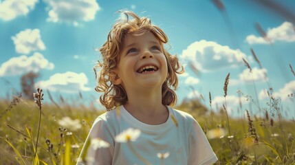 Happy child playing outdoors. A.I.