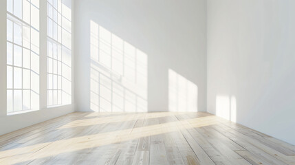 Poster - Sunny day interior: white walls, wooden floors, and large windows letting in light