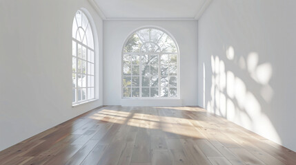 Canvas Print - Sunlight is illuminating an empty room with arched windows and wood floors