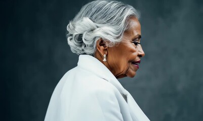 Wall Mural - Portrait of an elderly woman in a white coat on a gray background