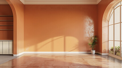 Wall Mural - Empty classic orange living room with arched wall openings and sunlight casting shadows