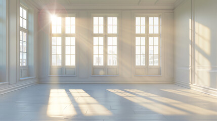 Canvas Print - Sunlight is streaming through windows into a large empty room with white walls