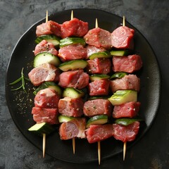 Wall Mural - Succulent skewer of fresh meat and vegetables arranged on a black plate ready for grilling. This image showcases a mouth-watering selection perfect for a BBQ cookout. High quality food photos. AI