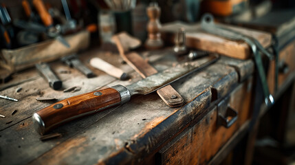 Close-up of an old wooden workbench in a workshop with various hand tools, including a knife with a wooden handle, files, and wrenches.