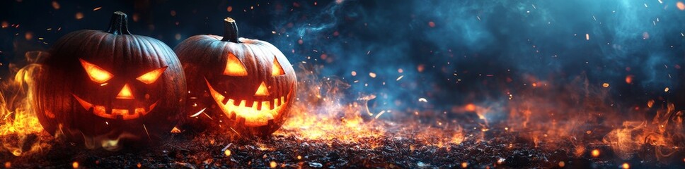 Sticker - On a dark background, a festive Halloween banner features pumpkins