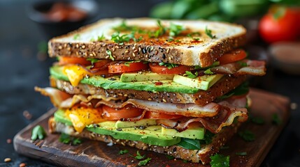 Canvas Print - A sandwich with ham, cheese, tomatoes, and avocado