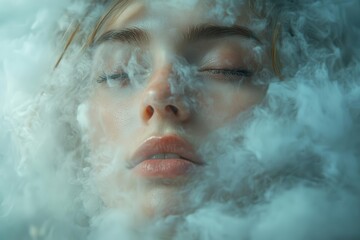 surreal portrait of young woman with head enveloped in dreamy cloud representing inner thoughts and emotions soft ethereal lighting mental health concept