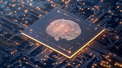 A stylized brain sits atop a circuit board, representing artificial intelligence and technological advancement.