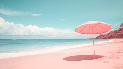 Wall Mural - surreal island aesthetic with a pastel pink beach umbrella on pink sand, ocean in the distance, dreamy and calming beach scene, beach, umbrella