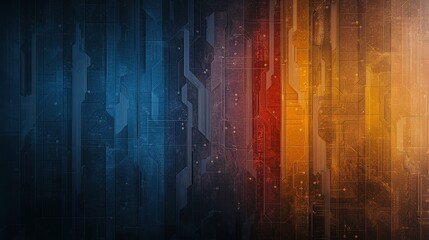 Abstract technology background with blue, red, and orange colors featuring circuit patterns and digital elements.