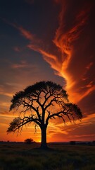 Wall Mural - Silhouette of lone tree against a fiery sunset backg