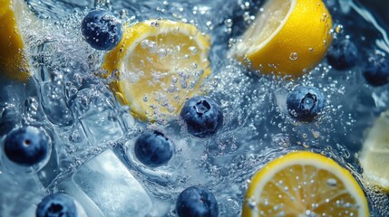 Wall Mural - Cool sparkling water with lemon, blueberry and clear ice blocks.