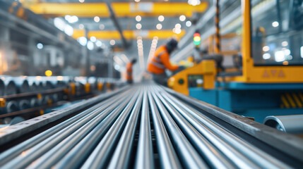 Canvas Print - Modern industrial facility with long metal rods in foreground, workers in orange safety vests operating machinery. Overhead cranes and equipment in background.