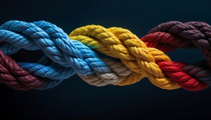 Team rope diverse strength connect partnership together teamwork unity communicate support. Strong diverse network rope team concept integrate braid color background cooperation empower power.