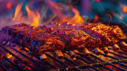 Wall Mural - Delicious barbecue ribs sizzling on a grill, surrounded by vibrant flames and smoky aromas, perfect for food lovers and grill enthusiasts.