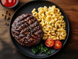 Photo of grilled burger steak with macaroni and cheese on a plate, on a wooden table 6