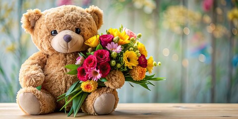 Wall Mural - Teddy bear holding a bouquet of colorful flowers, teddy bear, flowers, gift, love, plush toy