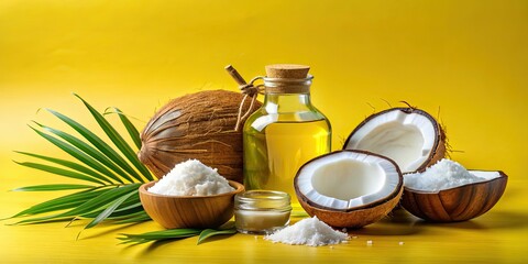 Poster - Coconut oil, butter, and salt ingredients with fresh coconuts on a yellow background , coconuts, coconut oil, butter, salt