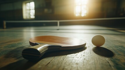 A pair of table tennis paddles and a ping pong ball on a table tennis table.