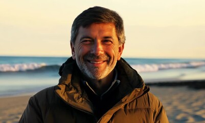 Poster - Lifestyle portrait video of a pleased man in his 40s wearing a warm parka against a beach background