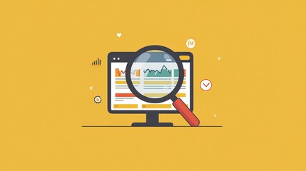 Wall Mural - Analyzing Search Engine Optimization Strategy with Magnifying Glass on Website - Minimalist Flat Illustration