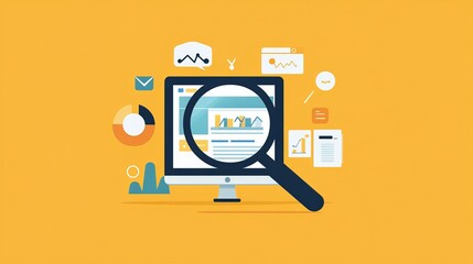 Wall Mural - Enhancing SEO Strategy: Magnifying Glass on Minimalist Website - Flat Illustration