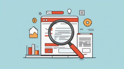 Wall Mural - Maximizing SEO Strategy: Magnifying Glass Over Minimalist Website - Creative Illustration