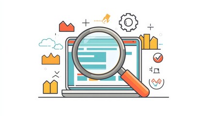 Wall Mural - Digital Marketing Essentials: SEO Strategy Exploration with Minimalist Magnifying Glass Website Analysis - Flat Illustration Concept