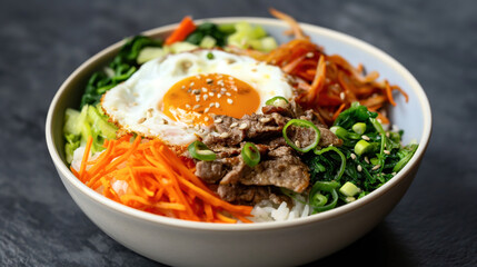 Poster - A bowl of Korean bibimbap with rice, vegetables, sliced beef, a fried egg, and garnished with sesame seeds and green onions.