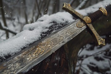 Ornate medieval sword with gold engravings is lying on a snow covered log in a winter forest