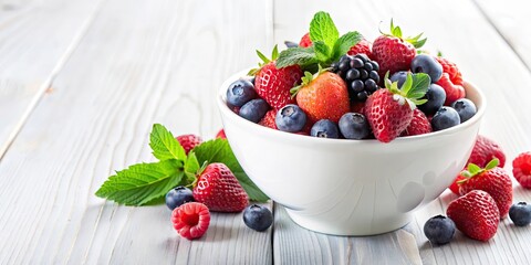 Poster - Fresh berries in a white bowl , berries, fruit, healthy, fresh, colorful, vibrant, summer, organic, antioxidant, nutritious, natural