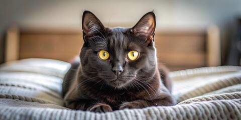 Poster - Domestic black house cat with yellow eyes lying on a cozy bed, cat, domestic, black, house, pet, feline, cozy, bed