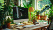 © Santy Hong - Wooden table with a computer monitor, stationery, and lamp in a cozy home office, surrounded by green potted plants