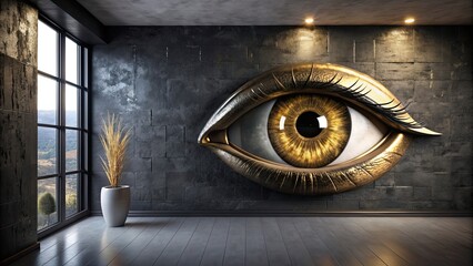 Poster - Modern interior wall art featuring a black and gold painted beautiful eye , interior, wall art, modern, eye, black, gold