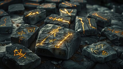 Mystical photo of glowing runestones spread on a table evoking ancient magic and mystery