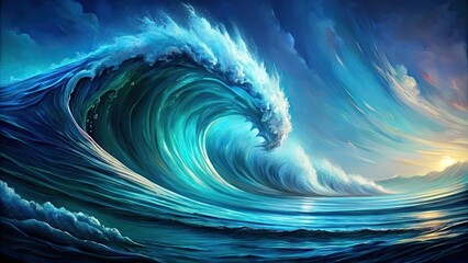 Canvas Print - Abstract painting of a wave of water in dark blue and turquoise colors, abstract, painting, wave, water, ink, dark blue