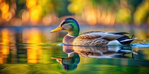 Wall Mural - A majestic duck peacefully gliding on calm water , duck, water, peaceful, serene, nature, bird, animal, wildlife, beauty