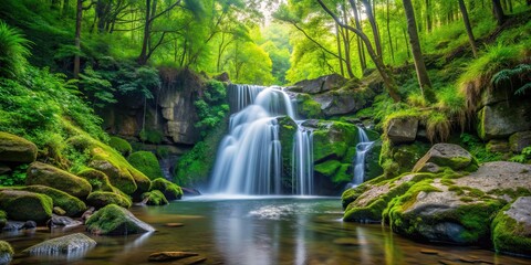 Poster - Waterfall surrounded by lush green trees and boulders in a serene forest setting, waterfall, forest, nature, landscape, stream