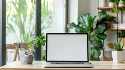 minimalist workspace with a laptop on a desk, blank screen for your content, bright and airy environ