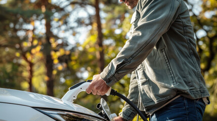 Man plugging a white power cable into an electric car at a charging station, close-up with nature in the background