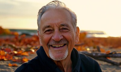 Wall Mural - Portrait of senior man smiling at camera on the beach in autumn