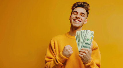 Joyful young man holding cash, fist up in celebration, appreciating his monetary success