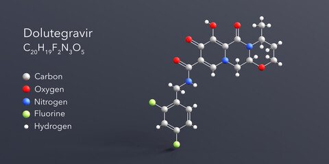 Poster - dolutegravir molecule 3d rendering, flat molecular structure with chemical formula and atoms color coding