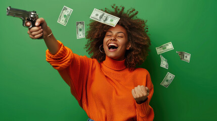 Happy woman in orange sweater shooting dollar bills with a money gun, celebrating earnings, green background