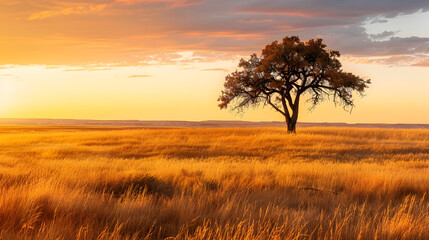 Wall Mural - Majestic lone tree in golden grasslands during sunset 