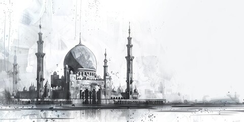 Black and white abstract mosque drawing.