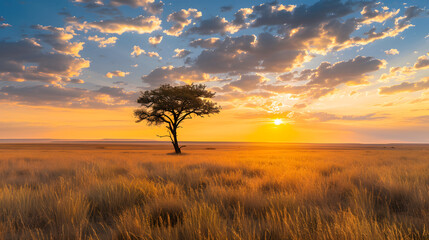 Wall Mural - Majestic lone tree in golden grasslands during sunset 