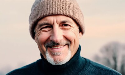 Canvas Print - Lifestyle portrait video of a satisfied man in his 50s wearing a warm beanie or knit hat against a pastel or soft colors background