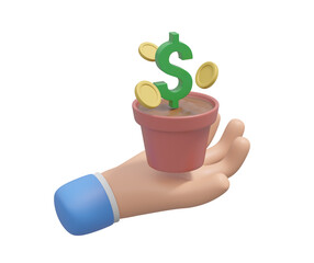 Canvas Print - 3D illustration showing the hands of a businessman with a dollar tree and coins floating above, isolated on transparent background. Financial growth ideas and investment opportunities and wealth